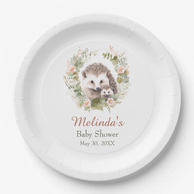 Woodland Baby Shower, Cute Hedgehog Paper Plate (Front)