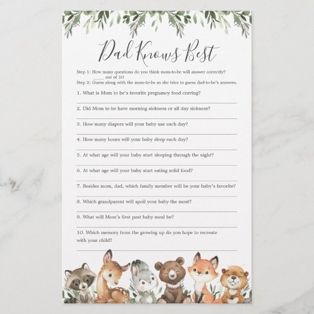 Woodland Baby Shower Dad Knows Best Game (Front)
