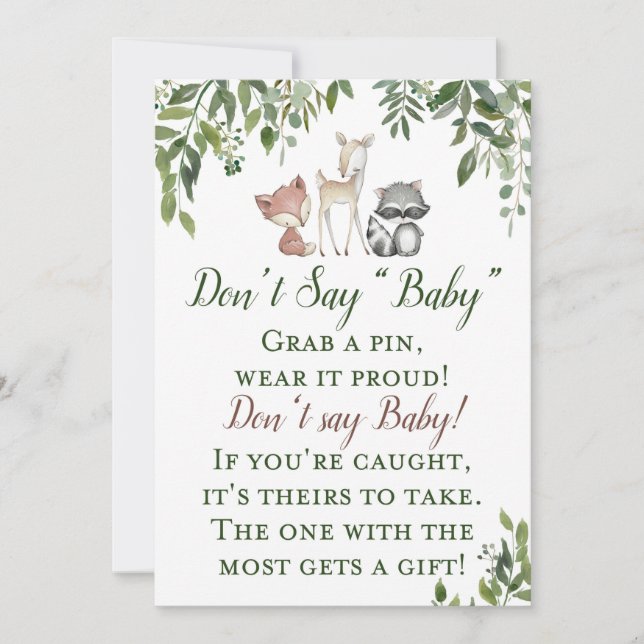 Woodland Baby Shower Dont Say Baby Sign 5x7 Invitation (Front)