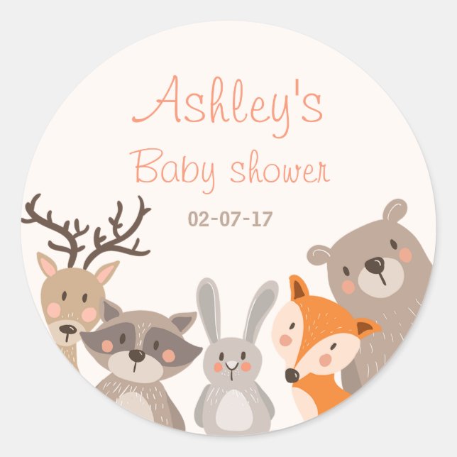 Woodland baby shower favour tag Sticker Animals Fo (Front)