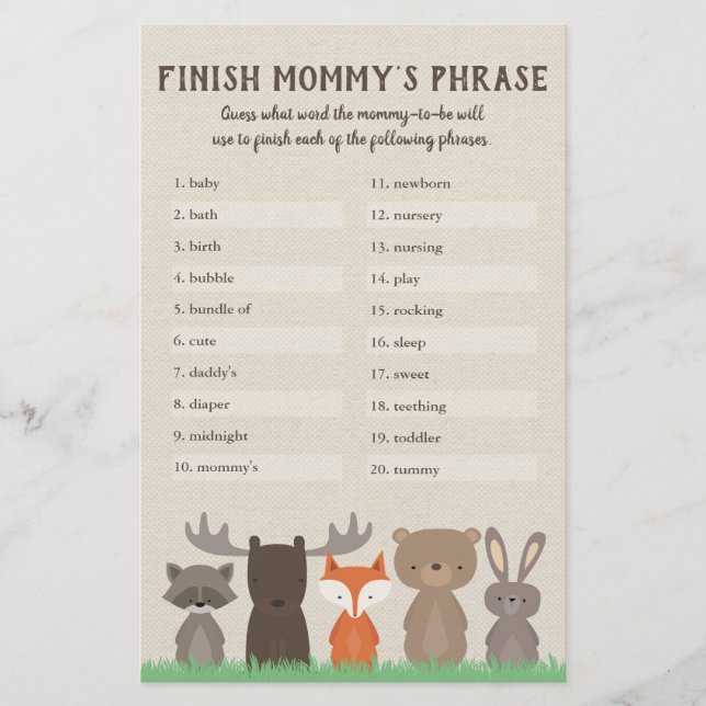 Woodland Baby Shower Finish Mummy's Phrase Game Flyer (Front)