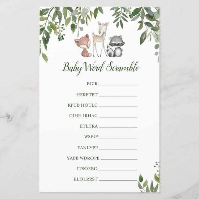 Woodland Baby Shower Game - Baby Word Scramble (Front)