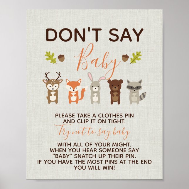 Woodland Baby Shower Game - Don't Say Baby Poster (Front)