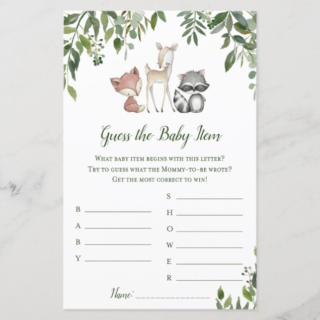 Woodland Baby Shower Game - Guess Baby Item (Front)