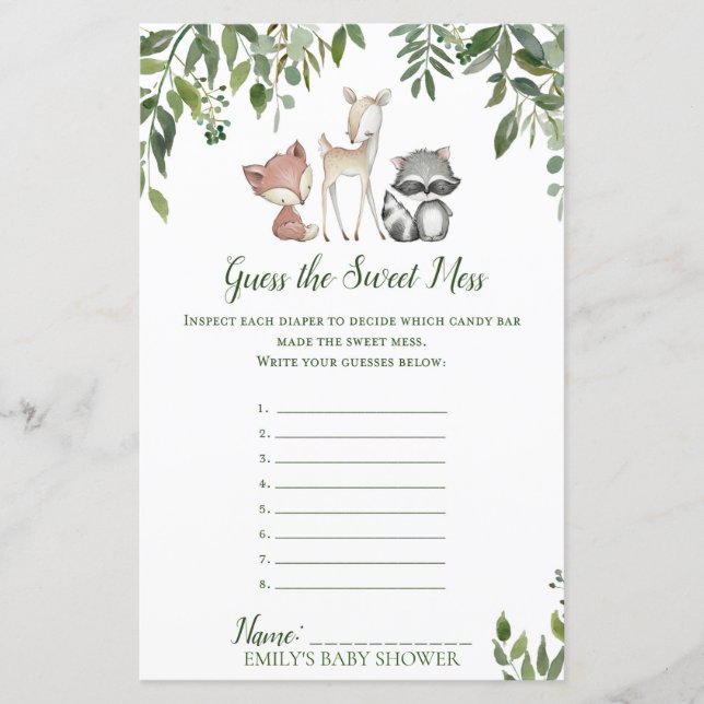 Woodland Baby Shower Game - Guess Sweet Mess (Front)