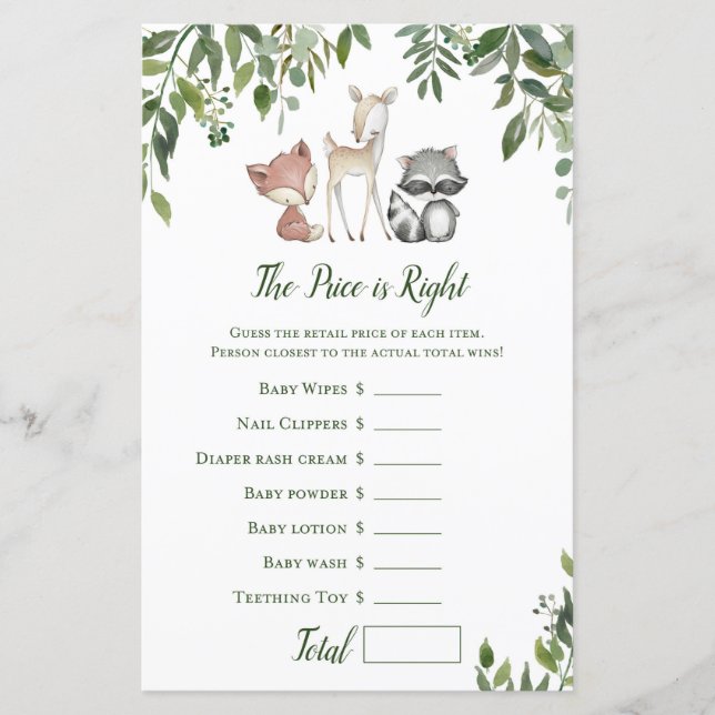 Woodland Baby Shower Game - Price is Right (Front)