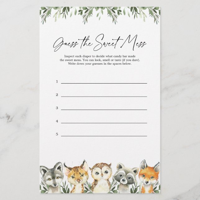 Woodland Baby Shower Guess The Sweet Mess Game (Front)