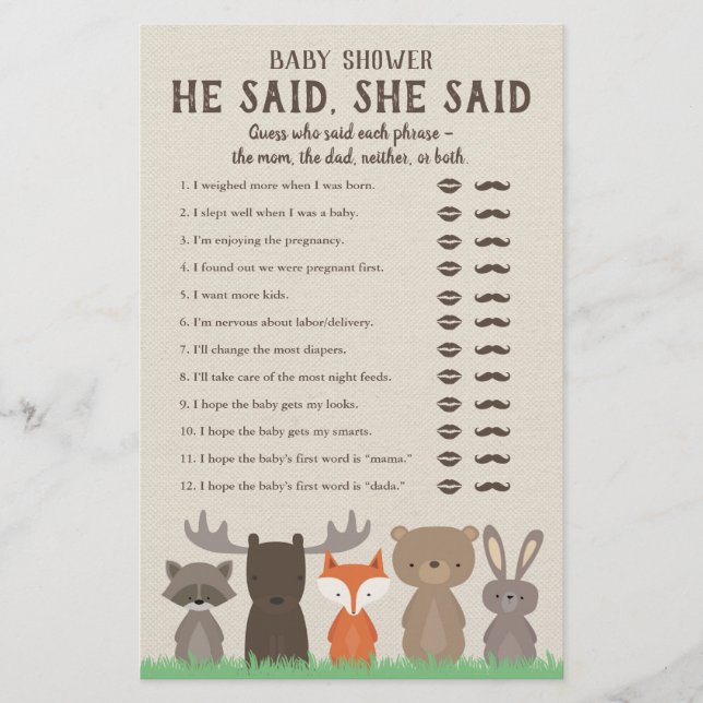 Woodland Baby Shower He Said She Said Game Cards (Front)