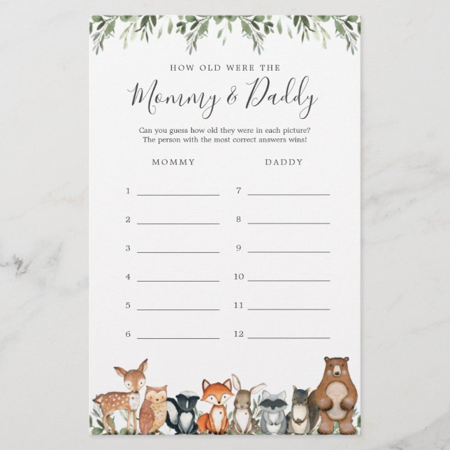 Woodland Baby Shower How Old Were They Game Card (Front)