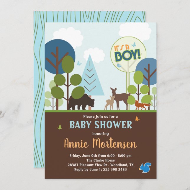 Woodland Baby Shower Invitation, Forest Animals Invitation (Front/Back)