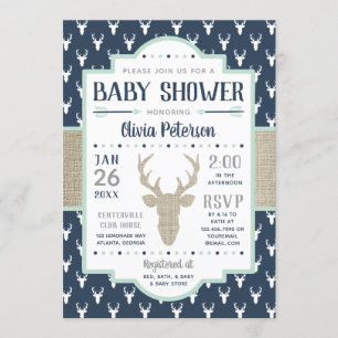Woodland Baby Shower Invitation, Navy, Burlap Invitation