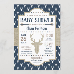 Woodland Baby Shower Invitation, Navy, Burlap Invitation