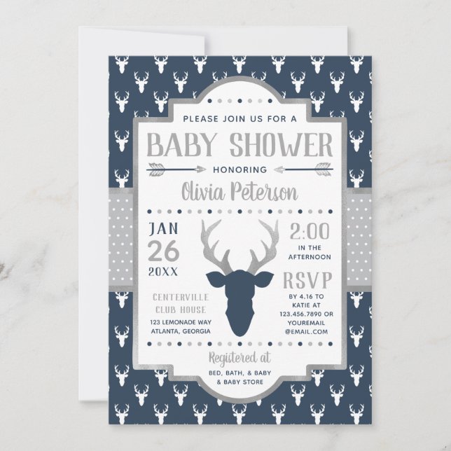 Woodland Baby Shower Invitation, Navy, Grey Invitation (Front)