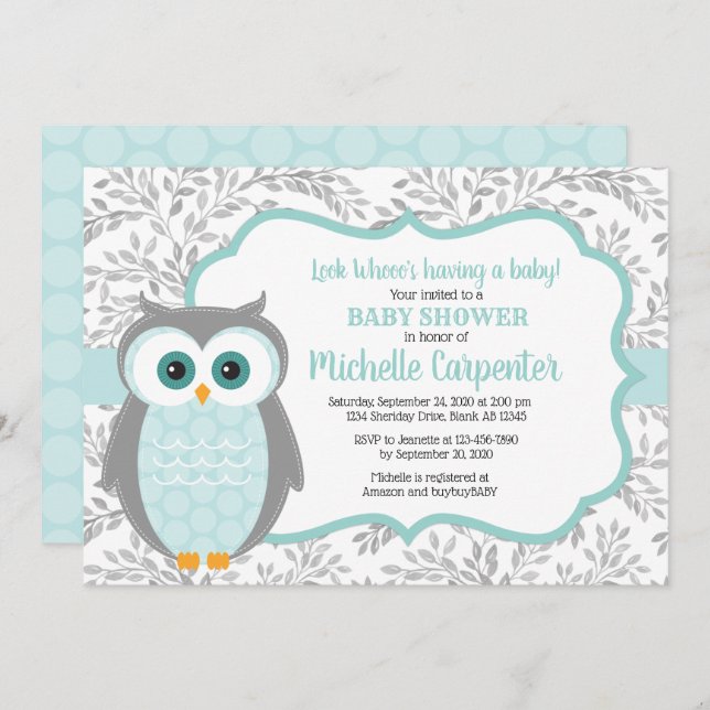 woodland baby shower invitation neutral mint grey (Front/Back)