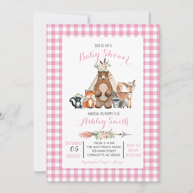 woodland baby shower invitation pink girl (Front)