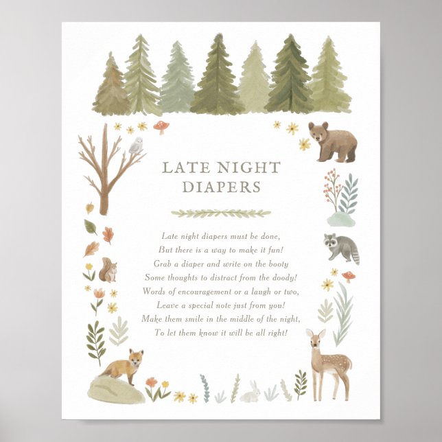 Woodland Baby Shower Late Night Diapers Sign (Front)