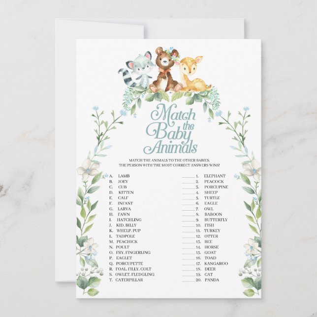 Woodland Baby Shower Match The Baby Animals Game Invitation (Front)