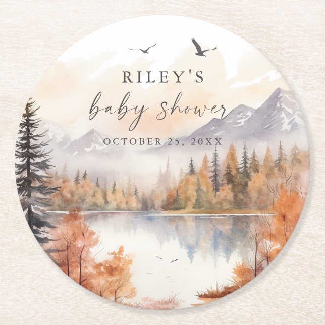 Woodland Baby Shower Paper Coasters Fall Forest (Front)