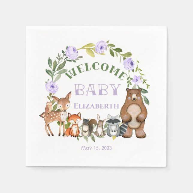 Woodland Baby Shower Paper Party Napkins Purple (Front)