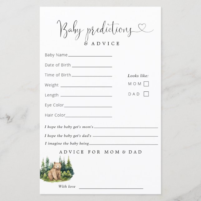 Woodland Baby Shower Predictions Advice (Front)