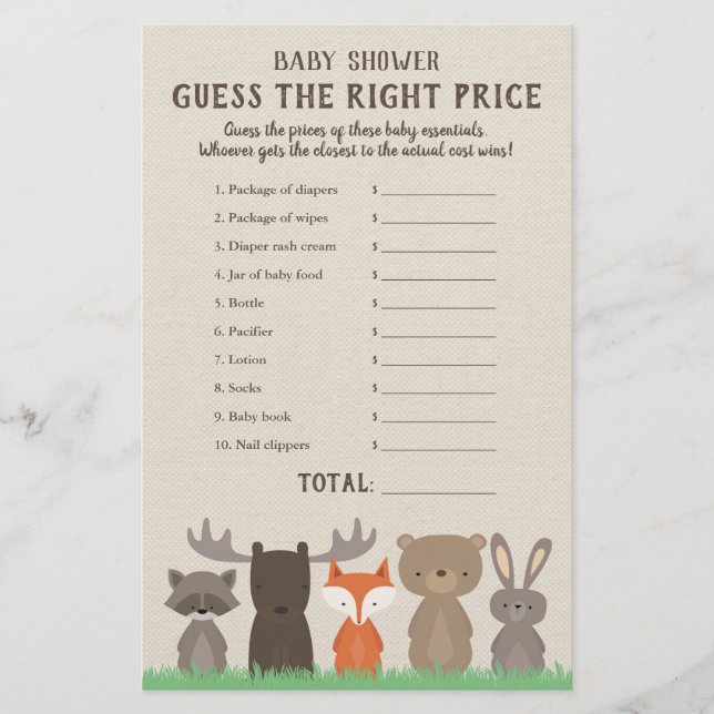 Woodland Baby Shower Price is Right Game Cards (Front)