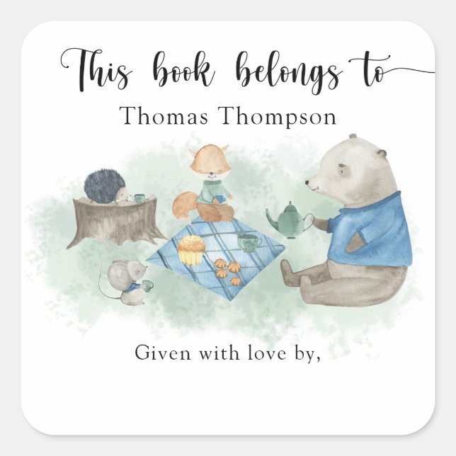 Woodland Baby Shower - this book belongs to Square Sticker (Front)