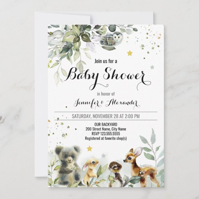 Woodland Baby Shower Watercolor Invitation (Front)