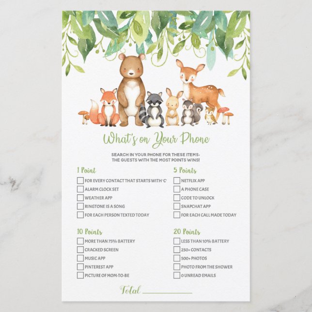 Woodland Baby Shower What's On your Phone Game (Front)