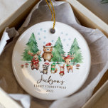Woodland Baby's 1ST Christmas 2 Sided Photo Ceramic Tree Decoration<br><div class="desc">Simply perfect Baby's First Christmas ornament featuring a sweet watercolor baby forest scene with cute little woodland animals dressed in red and green hats and scarfs.  Flip over to the back to add your photo, </div>