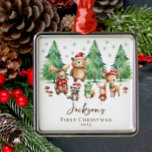Woodland Baby's 1ST Christmas  Metal Tree Decoration<br><div class="desc">Simply perfect Baby's First Christmas ornament featuring a sweet watercolor baby forest scene with cute little woodland animals dressed in blue hats and scarfs.  Beautiful keepsake ornament for a baby boy.</div>