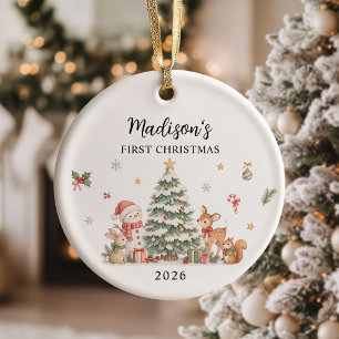 Woodland Baby's First Christmas Photo Ceramic Tree Decoration
