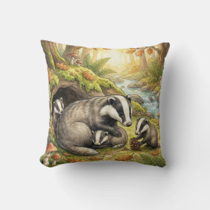 Woodland Badger Family Kids Cushion