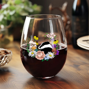 Woodland Badger Wildflowers Mushrooms Sage Green Stemless Wine Glass