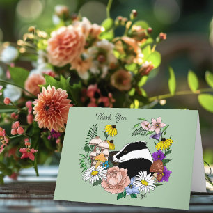 Woodland Badger Wildflowers Mushrooms Sage Green Thank You Card