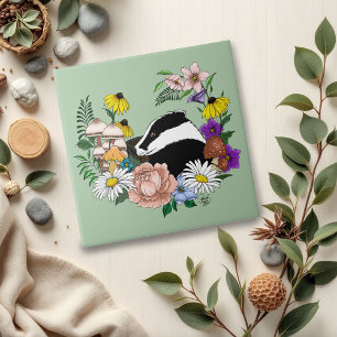 Woodland Badger Wildflowers Mushrooms Sage Green Tile