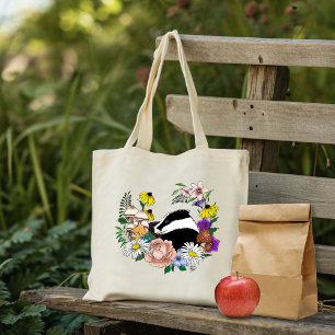 Woodland Badger Wildflowers Mushrooms Sage Green Tote Bag