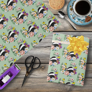 Woodland Badger Wildflowers Mushrooms Sage Green Wrapping Paper