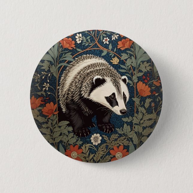 Woodland Badger William Morris Inspired 6 Cm Round Badge (Front)
