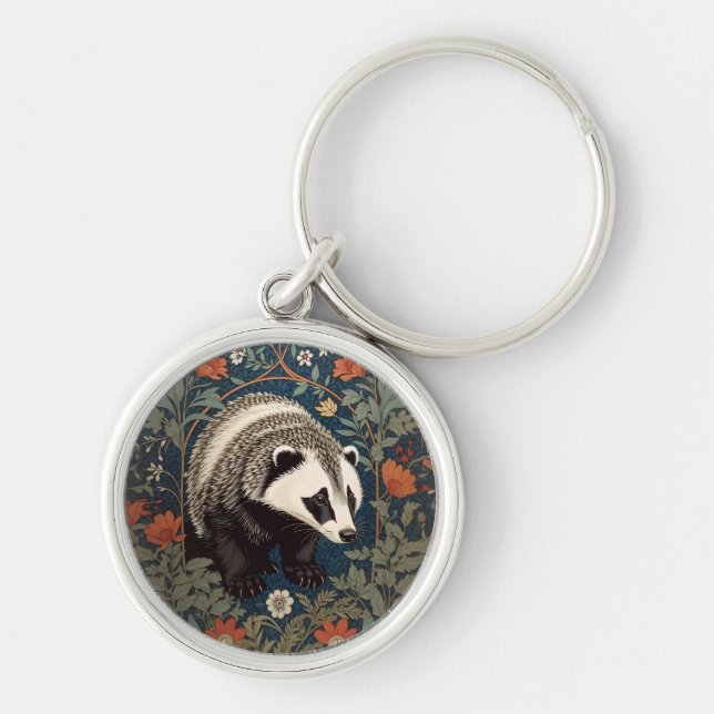 Woodland Badger William Morris Inspired Key Ring (Front)
