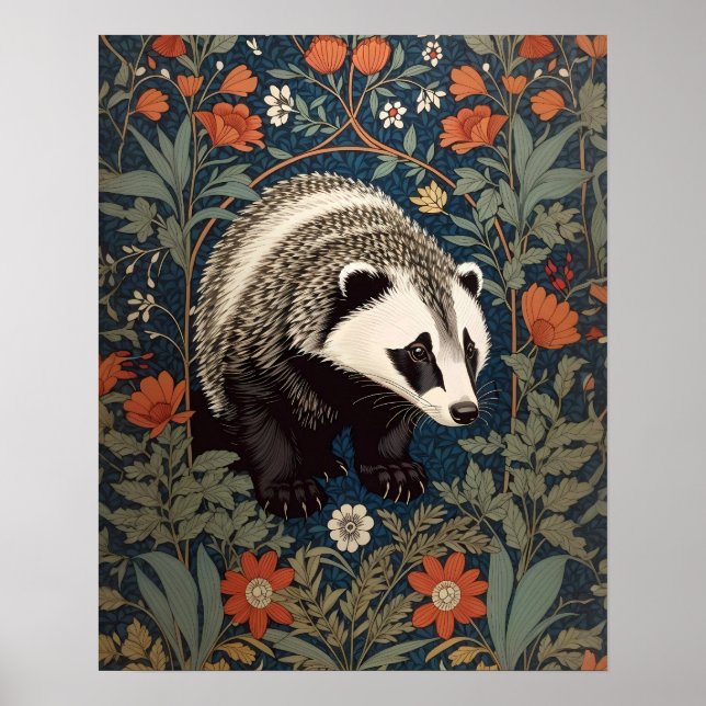 Woodland Badger William Morris Inspired Poster (Front)