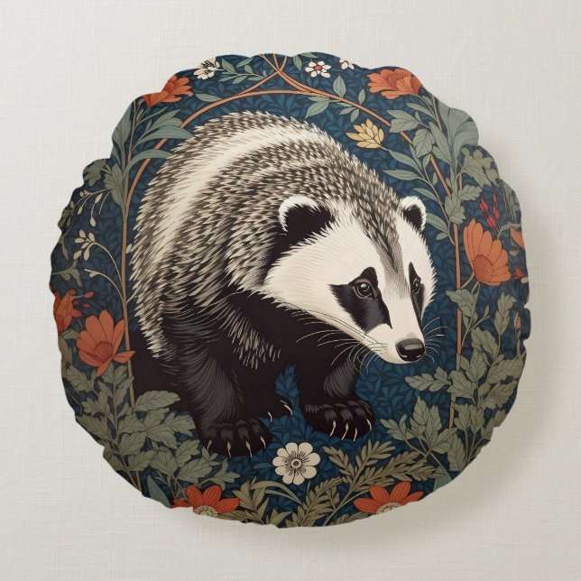 Woodland Badger William Morris Inspired Round Cushion (Front)