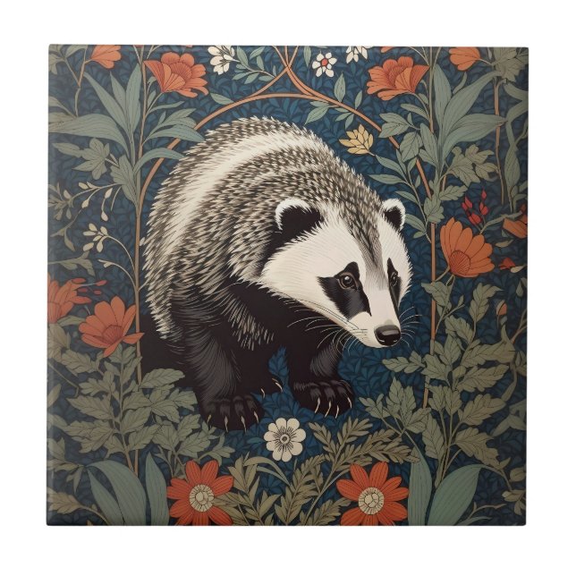 Woodland Badger William Morris Inspired Tile (Front)