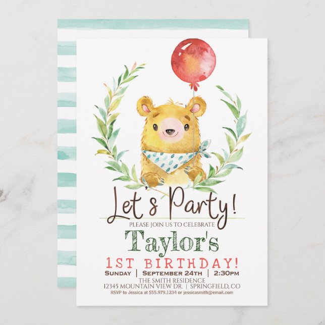 Woodland Bear 1st Birthday Party Invitation (Front/Back)