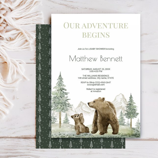 Woodland Bear Adventure Baby Shower invitation  (Mother and baby bear baby shower invite with sage green watercolor forest)
