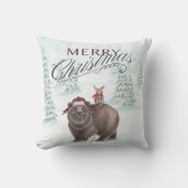 Woodland Bear and Bunny Merry Christmas Pillow (Front)