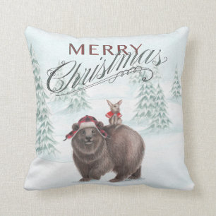 Woodland Bear and Bunny Merry Christmas Pillow