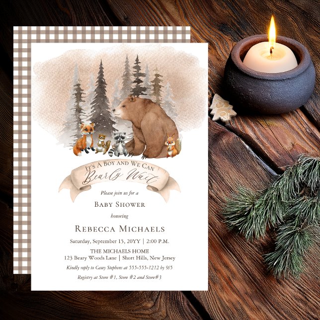 Woodland Bear |Animals Bearly Wait Boy Baby Shower Invitation (Rustic Bear and Woodland Animals "Bearly Wait" Boy Baby Shower Invitation - Print | Digital)