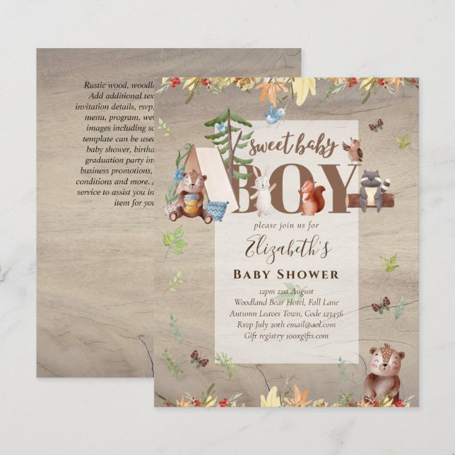 Woodland Bear Animals Boys Baby Shower Invitation (Front/Back)