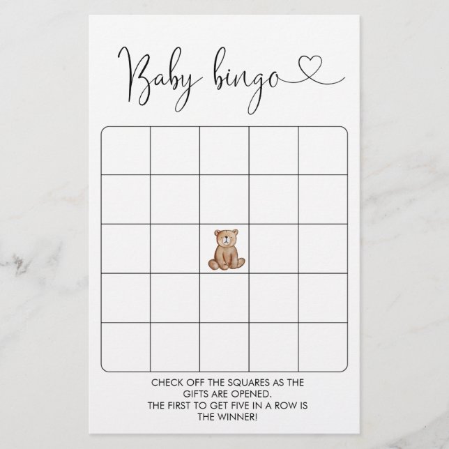 Woodland Bear Baby Shower Bingo Game (Front)
