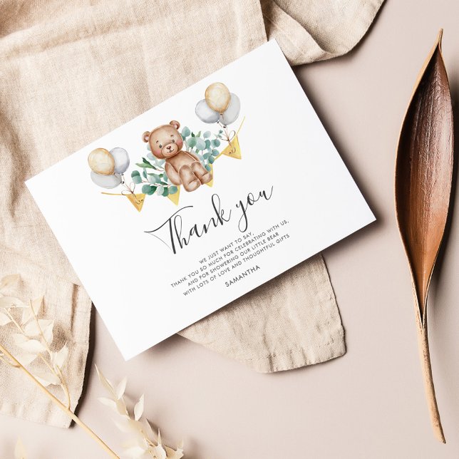 Woodland Bear Baby Shower Thank You Card (Woodland Bear Greenery Balloon Baby Shower Thank You Card)